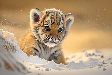 a cute baby tiger is playing in the snow. Generative AI