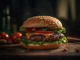 Fototapeta  - A Juicy Burger with Perfect Lighting  and High Resolution Image.
