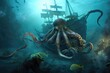 underwater scene, with octopus kraken monster lurking near sunken ship, created with generative ai