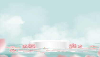 3d white podium step with pink rose floating on water with cloud on blue sky background,Vector banner Studio room display with cylinder stand, Concept for cosmetic and spa product
