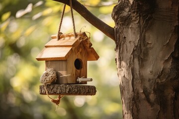 Sticker - birdhouse and feeder hanging from a tree branch, created with generative ai