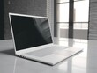 A still life of a laptop with a blank screen on a white background.