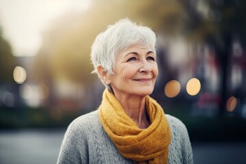 Happy senior woman outdoors, content with life quality. Photo generative AI