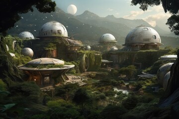 Wall Mural - a moon settlement, with domed buildings and green gardens, created with generative ai