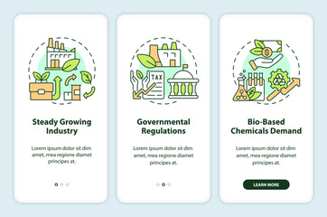 Wall Mural - Bio based materials future onboarding mobile app screen. Bioeconomics walkthrough 3 steps editable graphic instructions with linear concepts. UI, UX, GUI template. Myriad Pro-Bold, Regular fonts used