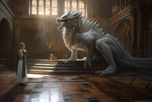 Encounter Of A Beautiful White Dragon And A Girl In A Robe In A Great Hall, Concept Art Digital, Generative AI