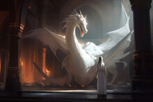 Encounter Of A Beautiful White Dragon And A Girl In A Robe In A Great Hall, Concept Art Digital, Generative AI