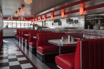 classic diner with red vinyl booths and chrome accents, created with generative ai