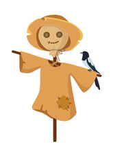 Concept Hello Autumn With Scarecrow Crow Raven Garden. This Illustration Features A Scarecrow Standing In A Garden, Surrounded By Autumn Leaves. Vector Illustration.
