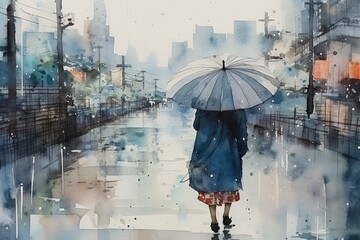 watercolor image of a woman with grey umbrella on a street. Generated ai.