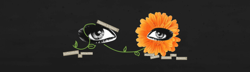 Wall Mural - Vector collage banner. Eyes and flower, drawn plant. Concept on the theme that beauty is naturalness. Creative advertising for the beauty industry. Contemporary print.
