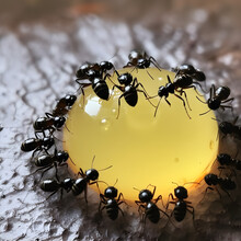 Black Ants Eating Honey Drop. Concept Of Teamwork Or Hardworking Or Unity.