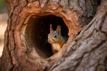 Cute Squirrel Hiding In A Tree Hole