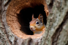 Cute Squirrel Hiding In A Tree Hole