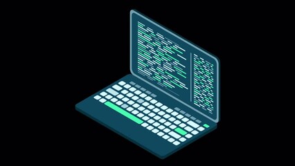 Wall Mural - Isometric laptop with coding. Cyber security and data protection. Laptop with programming code. Laptop screen. Transparent background with alpha channel