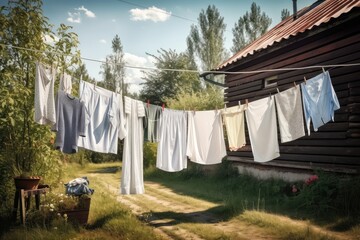 Wall Mural - clothesline with freshly washed and dried clothes, ready for warm weather, created with generative ai