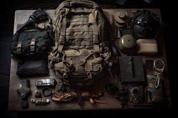 Wall Mural - military backpack surrounded by gear and supplies, ready for action, created with generative ai
