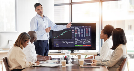 Poster - Business people, coach and stock market presentation in meeting for trading, graph and chart monitoring at office. Businessman coaching or training staff in finance, cryptocurrency or investments