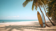 Surfboard On The Beautiful Beach With Clear Blue Sky And White Sand Under Palm Tree 