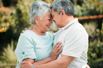 Sticker - Happy senior couple, face touch and hug in park, garden and peace of care, happiness and love together. Elderly man, woman and retirement of marriage partner, relax or smile of quality time in nature