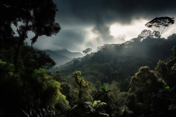 Wall Mural - dark rainforest with view of sunny sky and clouds, created with generative ai
