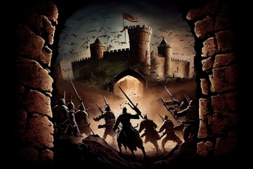 Wall Mural - storming a medieval fortress, with view of the attackers scaling the walls and breaking open the gates, created with generative ai