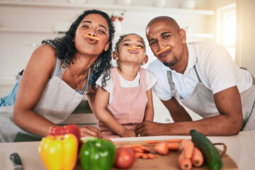 Canvas Print - Food, vegetables and portrait of girl with parents together for learning, child development and bonding in kitchen. Family, cooking and playful mom, dad and funny kid prep for meal, lunch or dinner