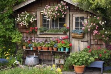 Wall Mural - garden shed with window boxes and hanging baskets full of colorful flowers, created with generative ai