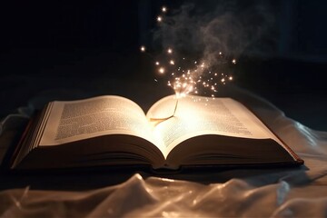 An open Bible the Word of God with a seed releasing light effects Generative AI Illustration
