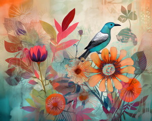 Wall Mural - Matisse-style tropical collage with flowers, birds, and lyrical, using negative space with multiple textures, layers, pencil scribbles, and modern colors. generative ai