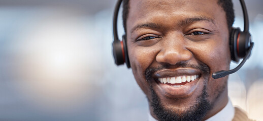 Poster - Call center, smile and face portrait of black man in office with pride for career, job or customer service mockup. Person, telemarketing and happy, proud or confident African sales agent from Nigeria
