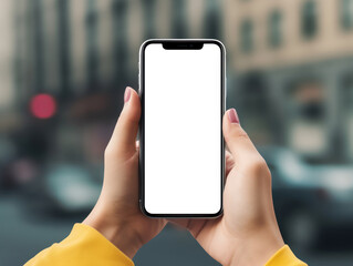 Poster - Mockup image of female hands holding modern smartphone with isolated white screen over blurred city background. Generative AI