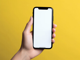 Female hand holding smartphone with blank screen on yellow background. Mock up. Generative AI