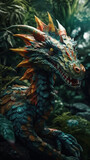 Fototapeta  - Dragon In Realistic Photography Style In Colorful Tropical Jungle Detailed Portrait Front Lock Generative Ai Digital Illustration Part#140423