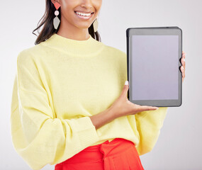 Poster - Tablet, studio and hands of woman with smile for advertising, promotion and mockup screen. White background, happy and closeup of girl with digital tech for social media, website and mobile app brand
