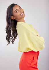 Sticker - Happy, confident and the portrait of a woman with arms crossed isolated on a white background. Smile, stylish and a girl standing with empowerment, positivity and confidence on a studio backdrop