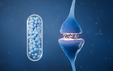 Sticker - Synapse of neuron cell and capsule, 3d rendering.