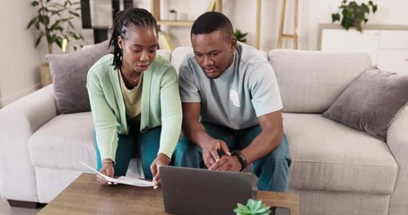 Poster - Couple, bills and laptop with paper on a sofa for finance, budget and savings in their home. Online, finance and black woman with man on couch with documents for banking, mortgage or loan application