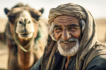 A portrait of a smiling old Muslim with a camel in background. Created with Generative AI technology.