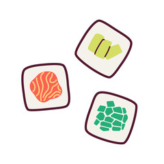 Poster - Three maki rolls with fish and vegetables semi flat colour vector object. Avocado, salmon sushi. Editable cartoon style icon on white. Simple spot illustration for web graphic design and animation