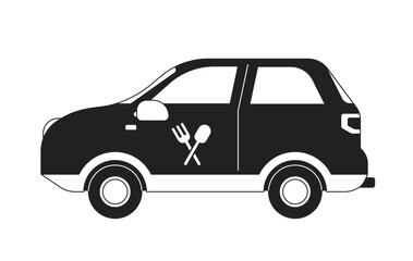 Poster - Food delivery vehicle monochromatic flat vector object. Catering service. Commercial transport. Editable thin line icon on white. Simple bw cartoon spot image for web graphic design, animation