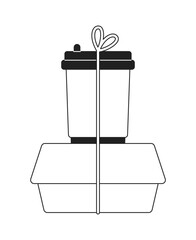 Poster - Ready-to-heat prepared meal with coffee cup monochromatic flat vector object. Food delivery. Editable thin line icon on white. Simple bw cartoon spot image for web graphic design, animation