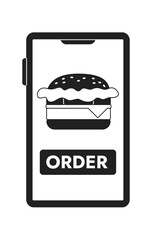 Fototapete - Mobile phone screen with fast food delivery app monochromatic flat vector object. Burger order. Editable thin line icon on white. Bw cartoon spot image for web graphic design. Jost Bold font used