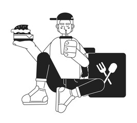 Poster - Food delivery teen worker eating cheeseburger, drinking monochromatic flat vector character. Editable thin line full body person on white. Bw cartoon spot image for web graphic design, animation