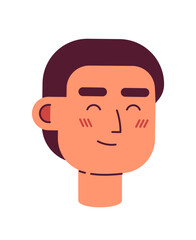 Poster - Excited short haired man with closed eyes semi flat vector character head. Editable cartoon style face emotion. Simple colorful avatar icon. Spot illustration for web graphic design and animation