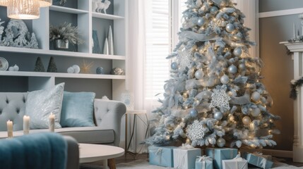 Contemporary silver and blue living room interior design with a Christmas tree and decorations. Generative AI illustration. 