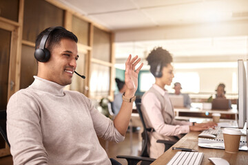 Aufkleber - Businessman, call center and meeting on computer in customer service, support or telemarketing at the office. Happy man, consultant or agent talking with smile, headphones or waving for online advice