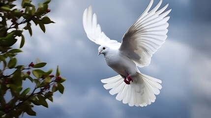 Wall Mural - dove with a small branch of plant in the beak flight in clouds