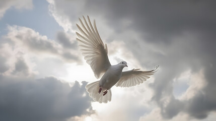 dove with a small branch of plant in the beak flight in clouds