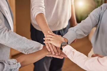 Canvas Print - Business people, hands and teamwork in collaboration for meeting, trust or unity and community at the office. Hand of group piling hand together for celebration, success or company goals at workplace